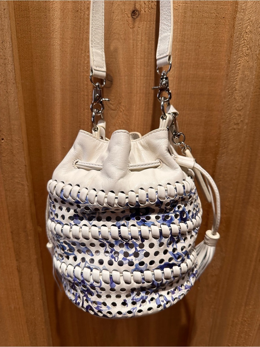 Loeffler Randall Industry White and Blue Drawstring Bucket Bag - Picture 5 of 10
